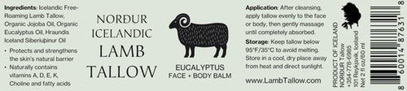 NORDUR 100% Icelandic Lamb Tallow for Skin Care - Face + Body - Whipped Moisturizer from Free Roaming Icelandic Lambs - Ultra Nourishing, 2 FL. oz. (Eucalyptus)
