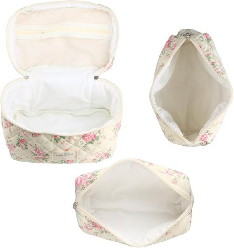Skiennix Cute Makeup Bag Set - Quilted Floral Travel Cosmetic Organizer (3 Pcs, Pink Flower)