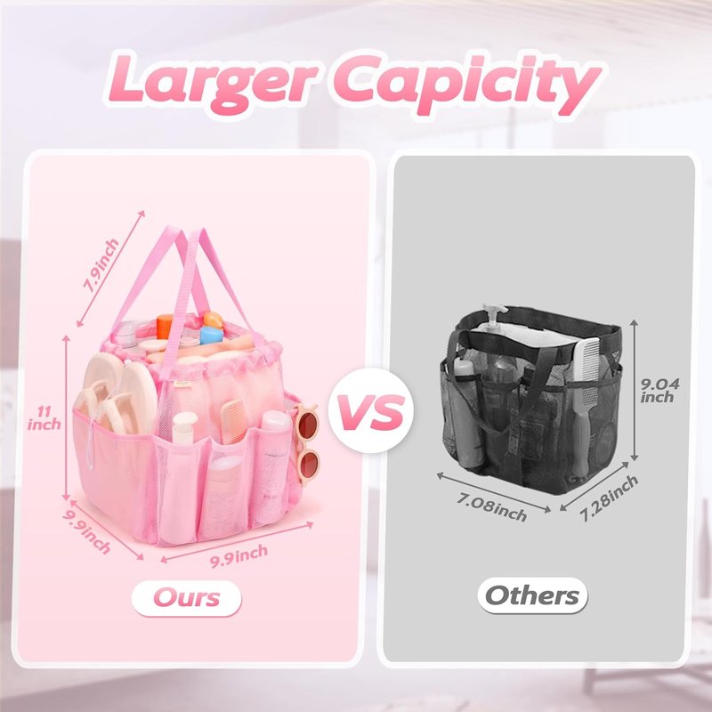 Famichan Mesh Shower Caddy - Portable Drawstring Bag for College Students | Large Pink Shower Organizer for Travel, Gym, Camping