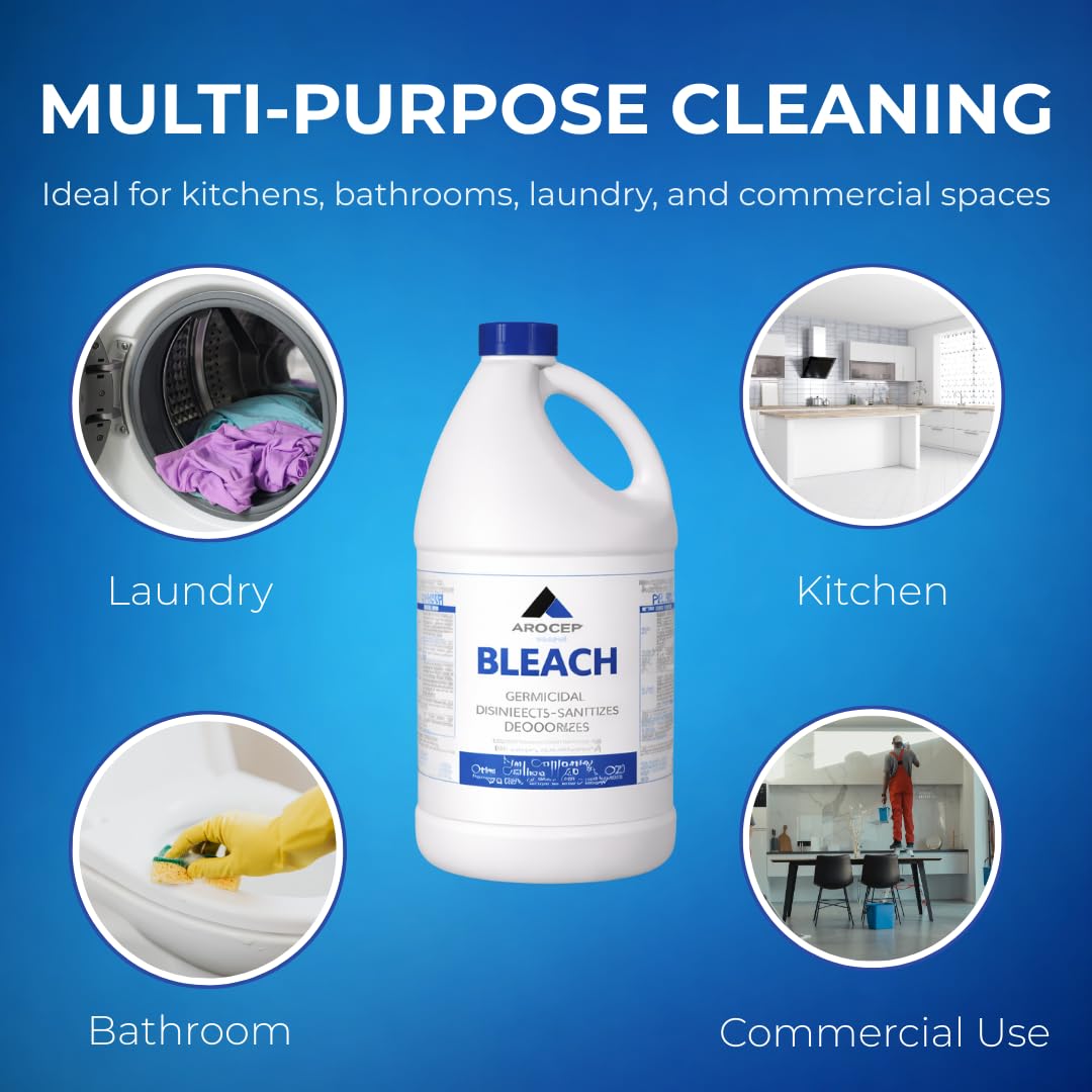Liquid Chlorine Bleach Gallon – 6Pcs 1 Gallon Jug Bleach for Laundry, Household Cleaning, Commercial Use - Highly Concentrated Formula Bathroom Cleaner Ideal for Kitchen Surfaces, Tiles, Floors