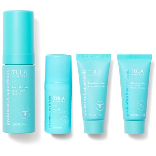 TULA Skin Care Clear Skin Starter Kit - Acne & Blemish Treatment with Cleanser, Gel, Moisturizer & Mask | 4-Piece Set