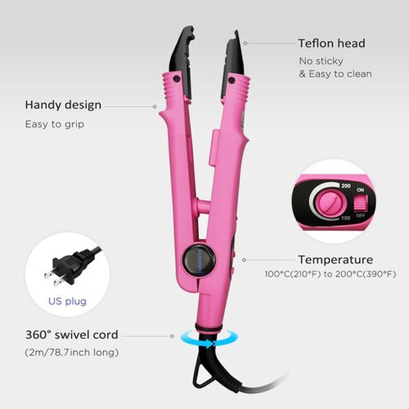 janelove Hair Extensions Iron, Fusion Keratin Hair Extensions Tool with 2 Bags Keratin Glue Granule Beads, Adjustable Temperature 210-390F, US Plug (Pink)