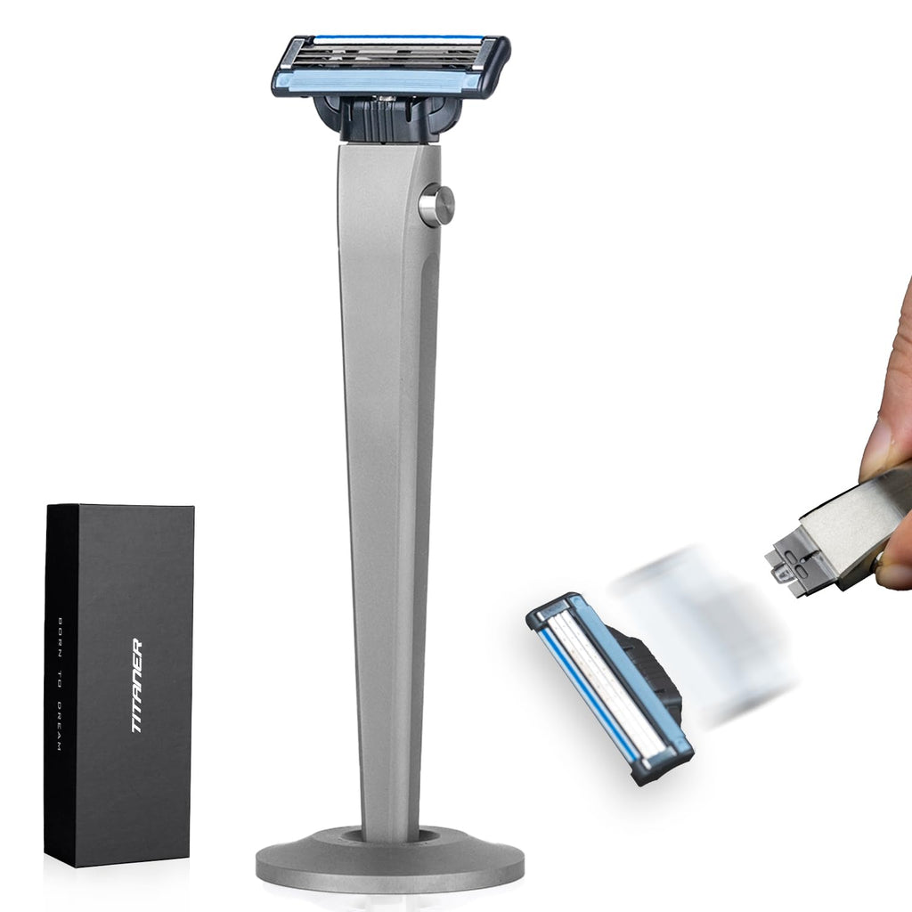TITANER Lifetime Razor-Change the Blade in 1s GR5 Titanium Rust and Water Resistant,Comfortable to hold Water Washing Cleaning with Mach3 Blade Replacement Pack for Men's Everyday Shaving (Grey)