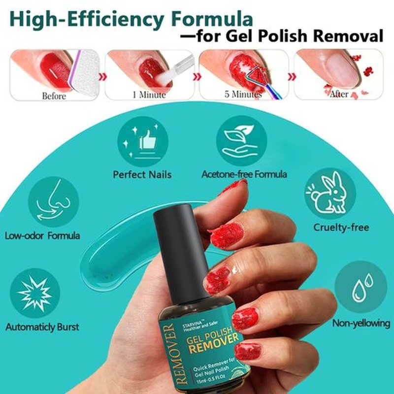 STARVINA Gel Nail Polish Remover, No Need Soaking or Wrapping Gel Remover for Nails, Easily and Quickly Removes Gel in 2-5 Minutes, with Cuticle Pusher & Scraper for Home DIY Use