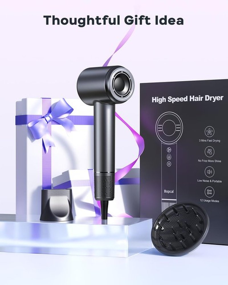 Bopcal Hair Dryer - 1-5 Mins Fast Drying Ionic Blow Dryer, 150,000RPM High-Speed, 500M Negative Ions Reduce 70% Frizz, Low Noise with Magnetic Diffuser & Nozzle, Home Travel Salon Use, Black