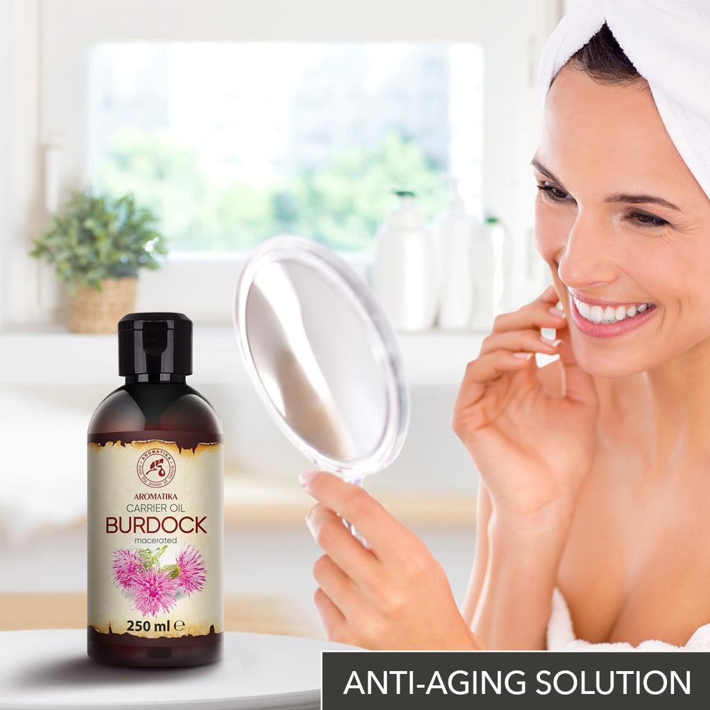 AROMATIKA Burdock Oil 8.45 Fl Oz (250ml) - 100% Pure & Natural - Arctium Lappa for Hair & Scalp - Carrier Oil for Nails - Skin - Lips - Face & Body Care - Glass Bottle - Oils Burdock Seed
