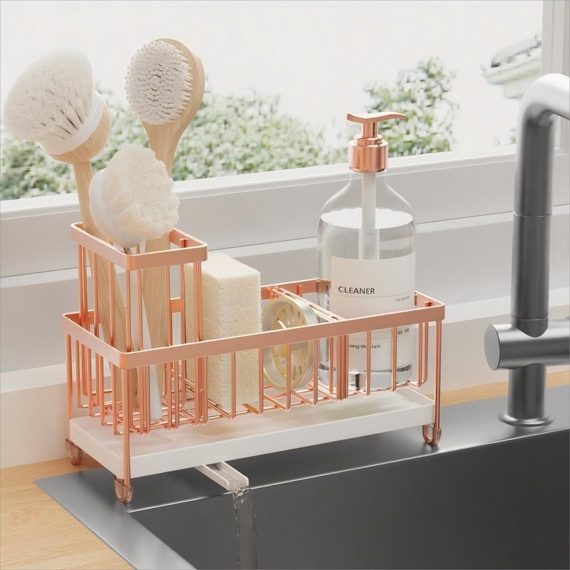 Cisily Kitchen Sink Caddy Organizer - Rustproof 304 Stainless Steel with High Brush Holder | Rose Gold, 9.25”