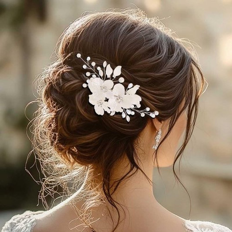Foyte Bridal Flower Hair Clip White Flower Hair Comb Rhinestone Floral Hairpin Crystal Pearl Hairpieces for Women and Brides
