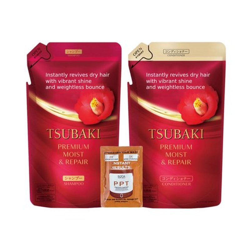 Hair Mask bundle with Moist Repair Tsubaki Shampoo and Conditioner Refill Set - Camellia Oil - Moisturizes, Protects Dry Damaged Hair, 300ml+300g