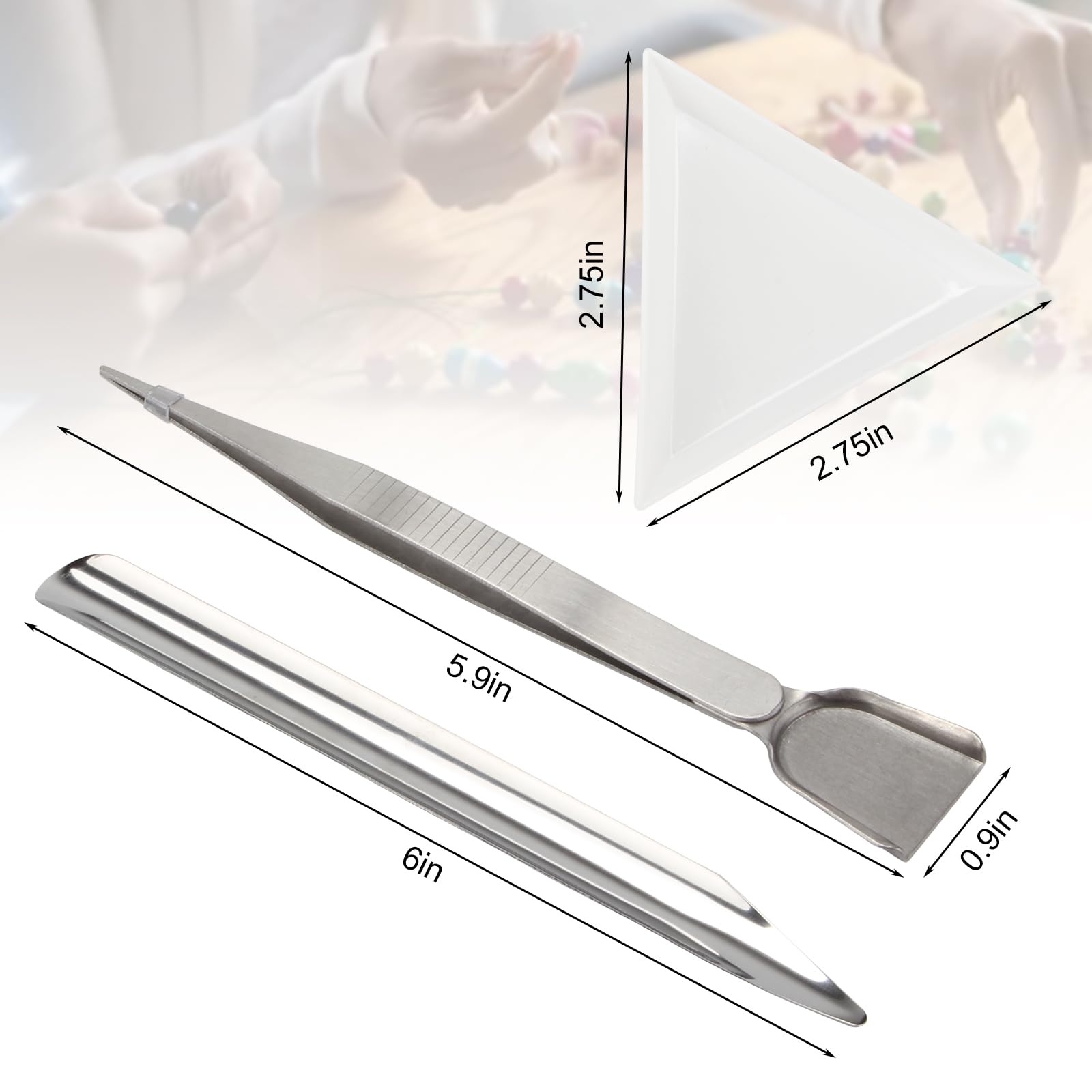 Kcgani 12 Pcs Craft Jewelry Bead Diamond Scoop Set, White Jewelry Shovel Set Triangle Sorting Trays and Silver Handy Tweezer with Scoop, Craft Beading Tweezers for Pearls Gemstones Tools Supplies