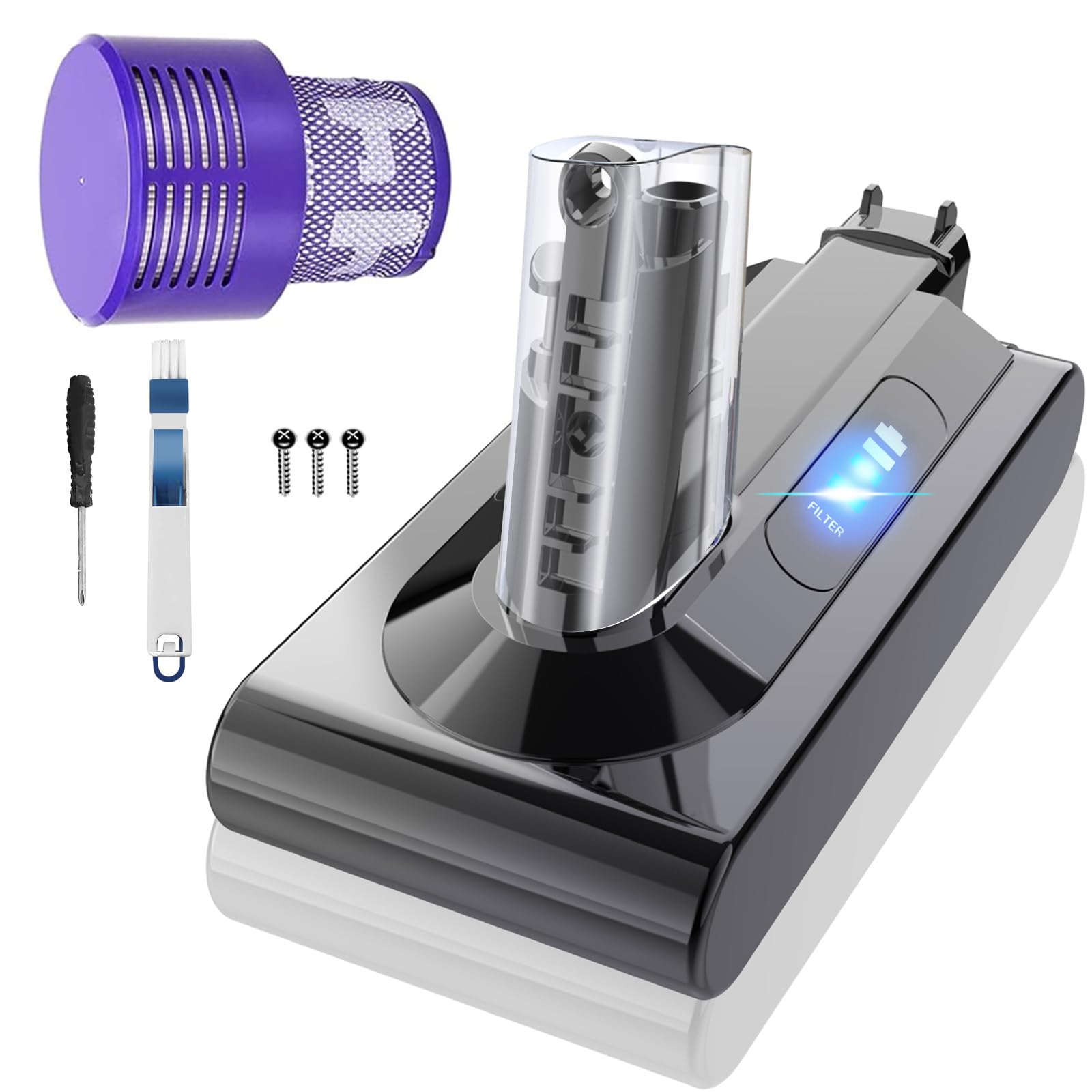 svetyd 25.2V 5.0Ah 5000mAh V10 Battery Replacement, Compatible with Dyson Cyclone V10 Animal/Absolute/Motorhead SV12 Cordless Stick Vacuums, with Post HEPA Filter and Brush (Not Fit SV10)