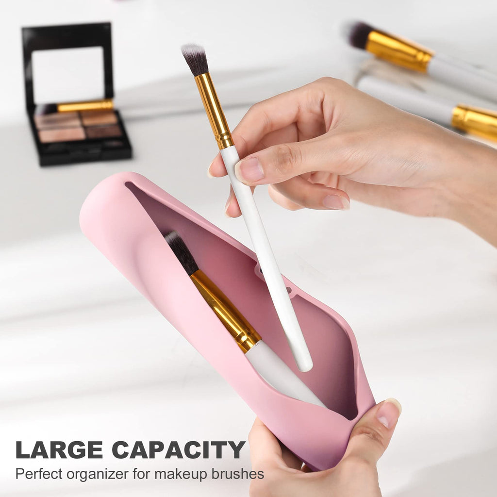 FVION Travel Makeup Brush Holder, Silicone Brush Holder Travel Case, Make Up Brush Pouch with Magnetic Closure, Makeup Brush Covers - Pink