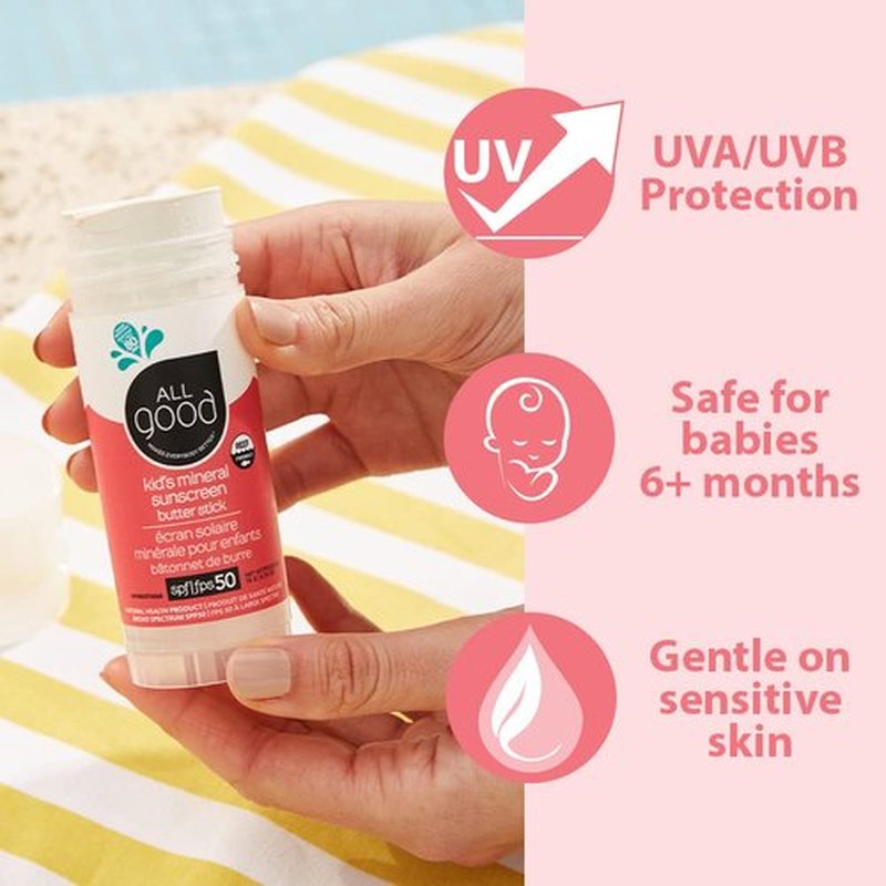 All Good Baby & Kids Mineral Sunscreen Butter Stick - SPF 50, UVA/UVB Protection, Coral Reef Friendly, 2.75 oz (2-Pack)