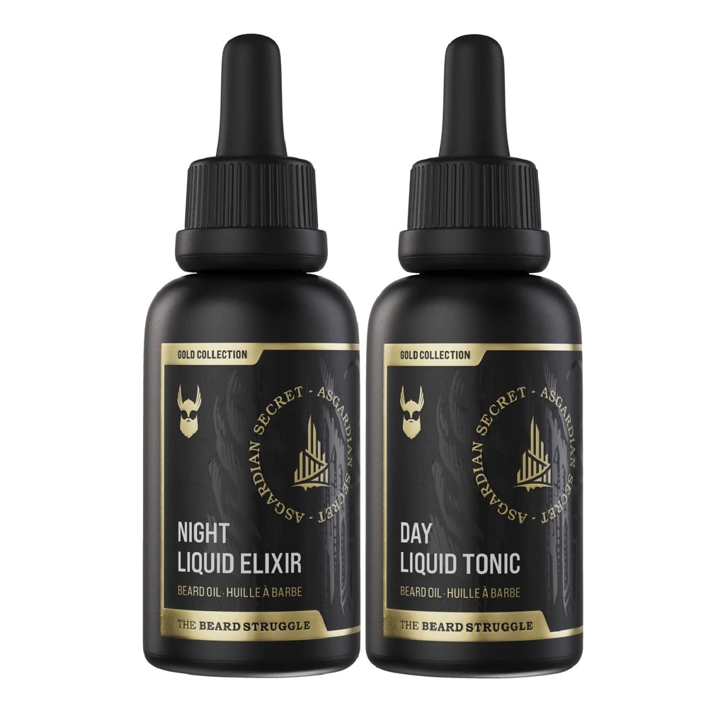 The Beard Struggle Tonic + Elixir Beard Oil Bundle - Gold Collection - Grooming Beard Oil - Softens, Moisturizers, and Strengthens Beard Growth - Pack of 2, Asgardian Secret