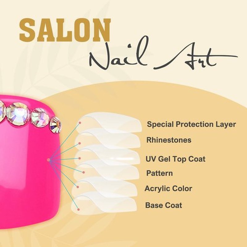 Artquee 28pcs Hot Pink Short Press on Toenails Glossy Square Fake Toe Nails Art Rhinestones Design Beach False Toes Nail Kit Tips Cute Artificial Toenail for Women in 14 Sizes