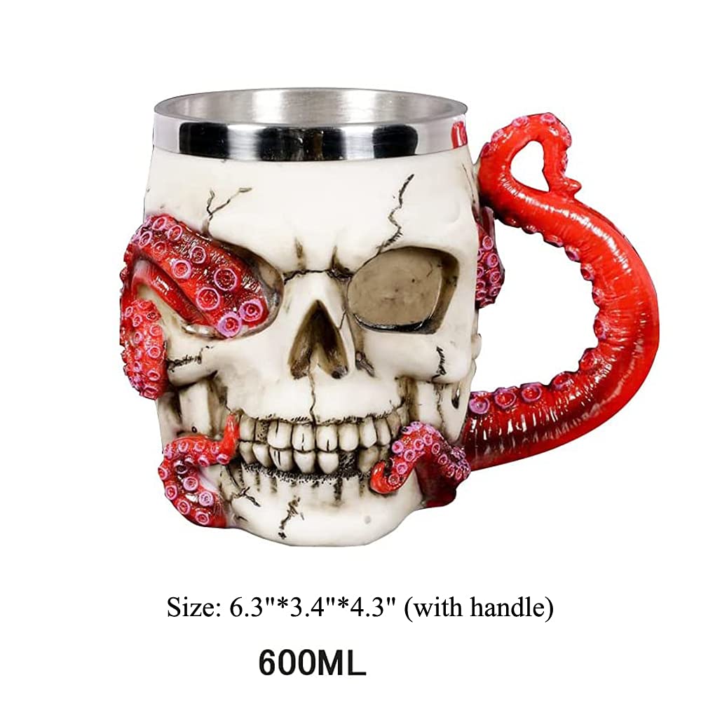 PROVIVID Skull Coffee Mugs with Handle Stainless Steel 3D Skull Beer Mug Realistic Resin Octopus Tentacle Beverage Drinking Cup Drinkware Mug Unique Gift for Men - 13oz