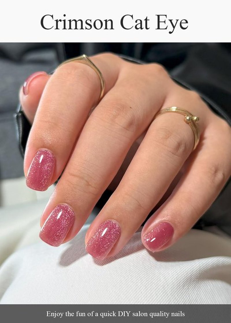 AutyaMee Semi Cured Gel Nail Strips (Crimson Cat Eye), Pink Red, 20 Pcs Gel Nail Wraps, Stickers, Salon Quality, Works With Any UV Lamps