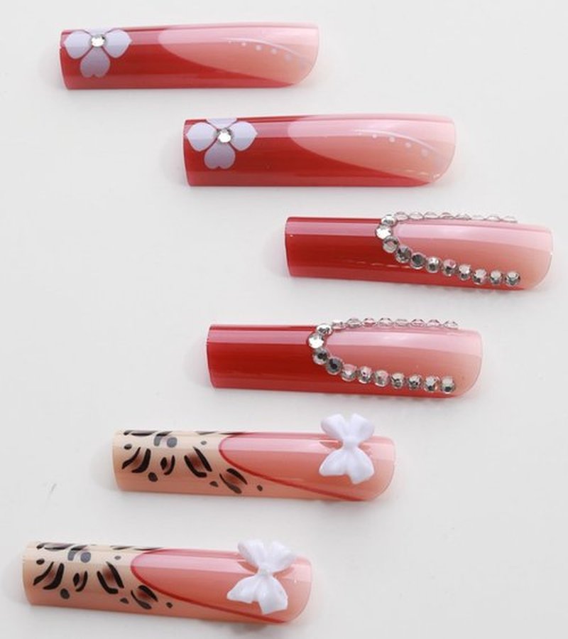 Aegenacess Press on Nails Square - Extra Long Fake Nails with 3D Rhinestones and Bows, Red French Tips Cute Fall False Nail, Fall Stick On Nails for Women, 12 Sizes - 24 Nail Kit, Floral Fusion