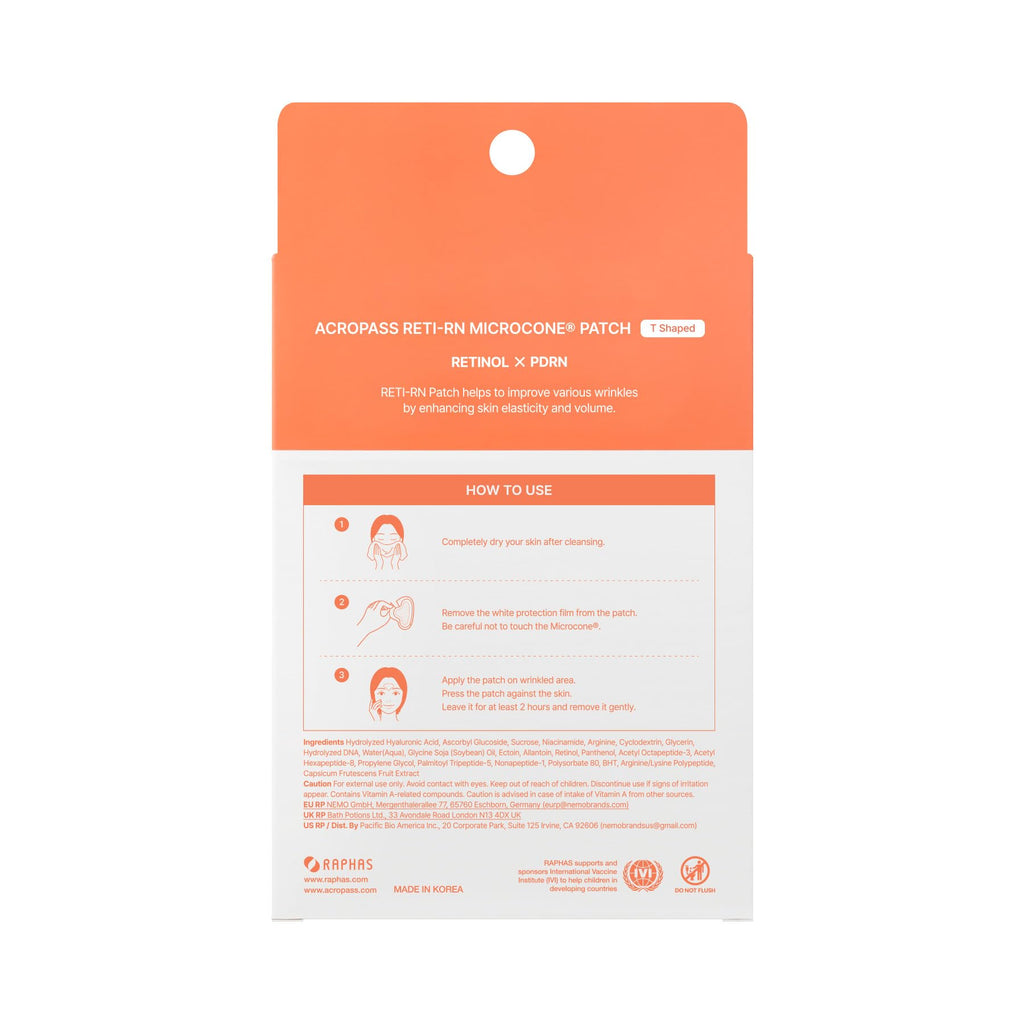 Wrinkle Patches ACROPASS RETI-RN Microcone, Deep Wrinkle, PDRN 10,000 ppm, Retinol 3,300 IU/g, Hyaluronic Acid, Anti-Aging (T shape, 4 Count)