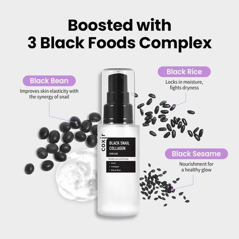 coxir Black Snail Collagen Serum – Concentrated Snail Mucin Essence for Skin Resilience, Hydration & Smooth Texture | Lightweight Korean Facial Serum for Daily Moisture Care(1.69 fl.oz)