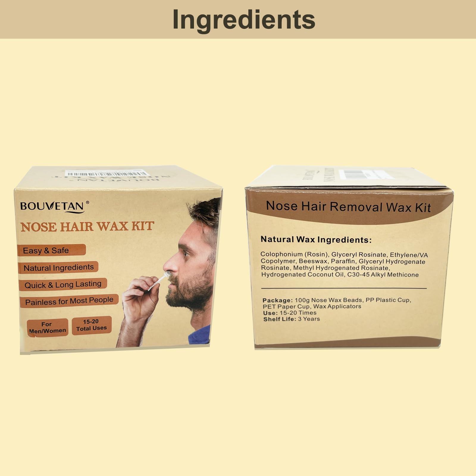 Nose Wax Kit Men Women, Bouvetan Nose Hair Waxing Kit with 100g Nose Hair Wax Beads (15-20 USES), 20 Applicator, 15 Mustache Protector, 10 Paper Cups, 1 Measuring Cup - Easy and Quick, Instant