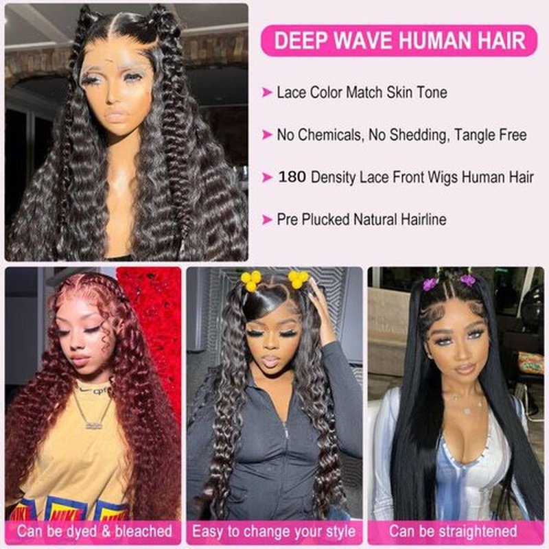 Ferzzon Bling Hair 13x6 Deep Wave Lace Front Wigs Lace Frontal Wigs Human Hair for Women Glueless Curly Lace Front Wig Curly Wig Pre Plucked with Baby Hair 180 Density Natural Color 30 Inch