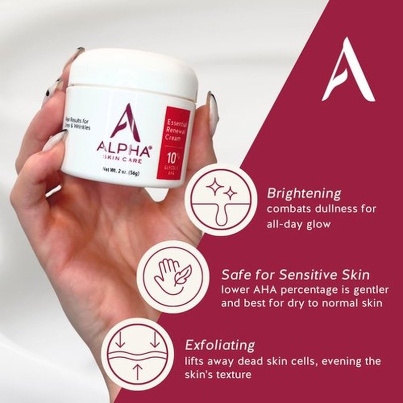 Alpha Skin Care Essential Renewal Cream, 10% Glycolic AHA, Anti-Aging Formula, Reduces Lines & Wrinkles, Hydroxy Acid Exfoliates for Smoother Skin, Normal, Sensitive or Dry Skin, 2 Oz, Pack of 3