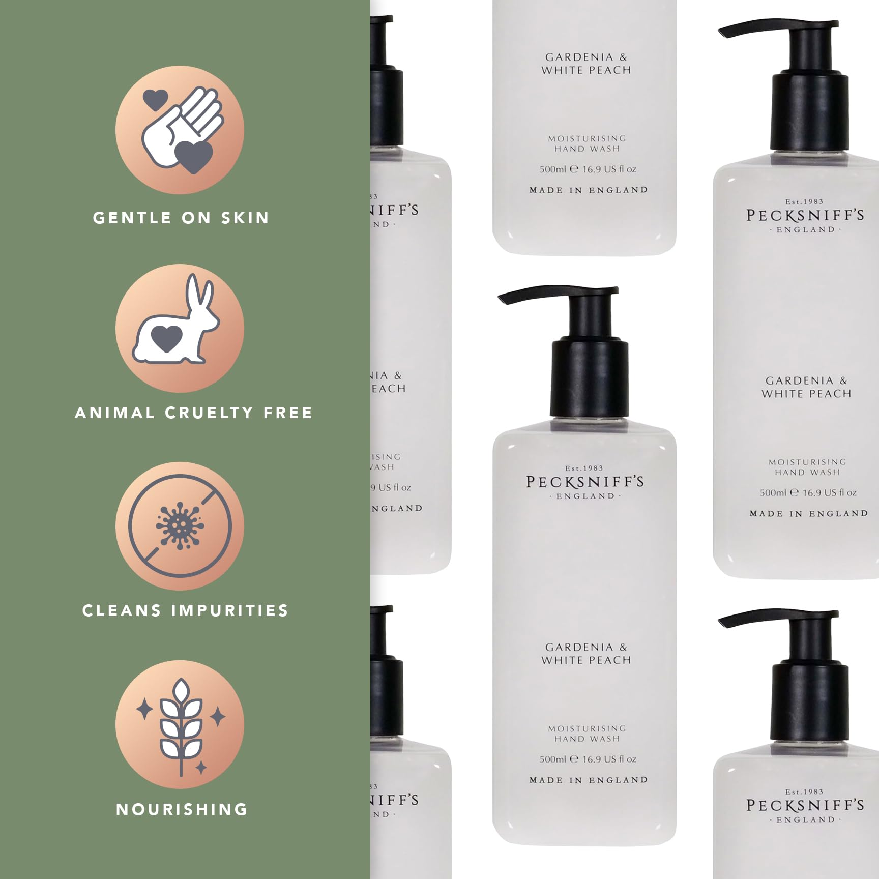 Pecksniff's Moisturizing Hand Wash - Vitamin B Enriched, Natural & Gentle Cleanser, Luxurious Hand Wash 500ml/16.9 fl oz (Gardenia & White Peach)