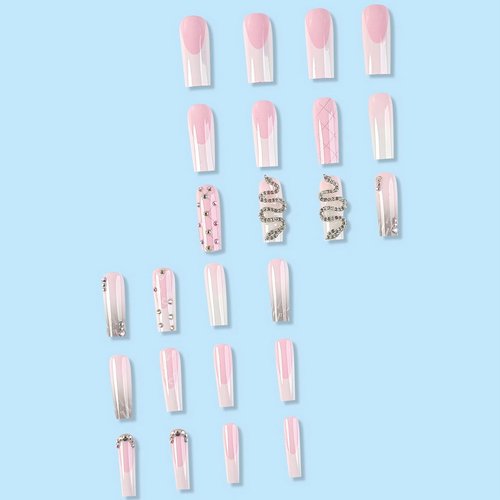 MISUD Press on Nails - Long Square Glue on Nails with French Tip, Acrylic Snake Rhinestone Design 24 pcs
