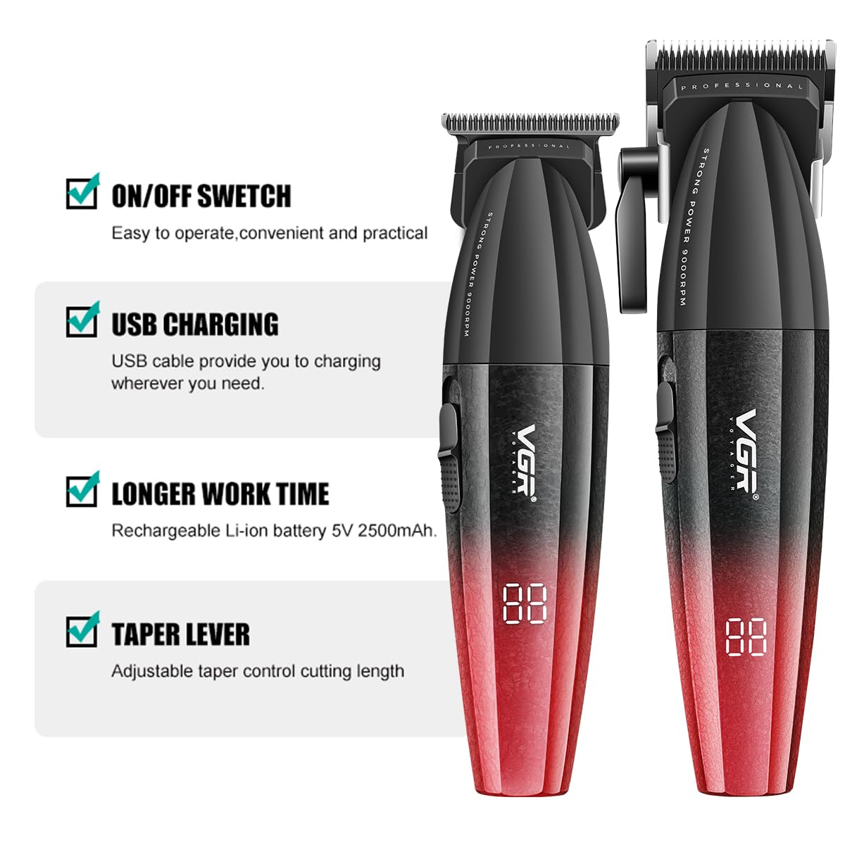 VGR 640 Professional Hair Clippers for Men, 9000RPM Cordless Barber Clippers and Trimmers Set, Zero Gap T-Blade Hair Cutting Kit, DLC Coated Ceramic Blade Barber Kit with LED Display(Red)