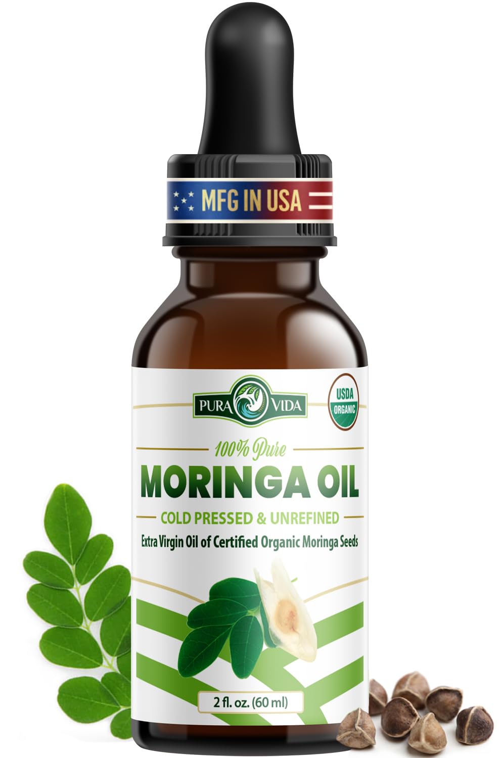 USDA Organic Moringa Seed Oil: 100% Pure, Cold Pressed, Unrefined Moringa Oleifera Seed Oil. 2 oz Bottle with Treatment Pump. For Skin and Hair - Food Grade for Oral Consumption