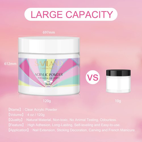 SAVILAND Clear Acrylic Powder Super Hard Nails - 4.23 oz/120 g Professional Acrylic Nail Powder Large Capacity for Acrylic Nail Art 3D French Nail Manicure Extension Nail Carving