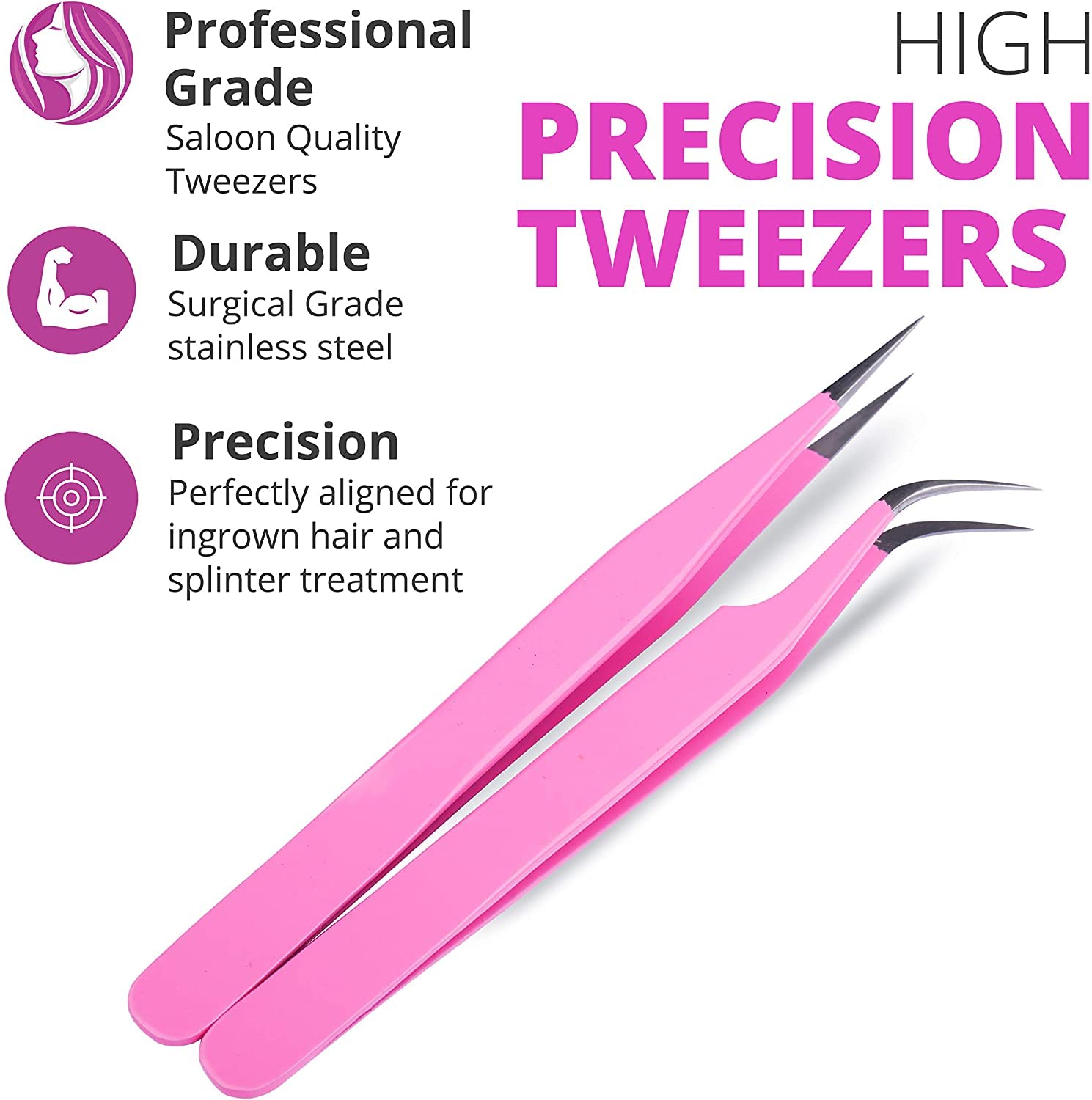 Lash Tweezers for Eyelash Extensions, Pink, Straight & Curved Tips