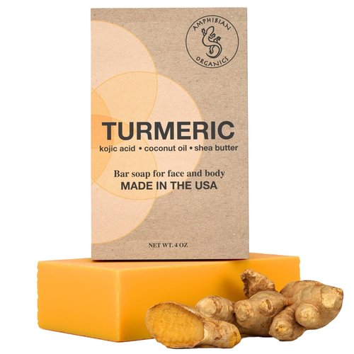 Amphibian Organics Turmeric Kojic Acid Soap Bar with Coconut Oil, Shea Butter & Essential Oils – Handcrafted in USA, Vegan Natural Face & Body Bar for All Skin Types, 4oz