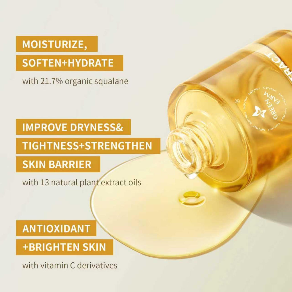 GREEN FARM Face Oil with 21.7% ECOCERT Organic Squalane & Vitamin C - Plant-Based, Non-Greasy Facial Oil for Dry, Sensitive Skin - Anti-Aging, Brightening, Gua Sha Oil, 1 fl oz