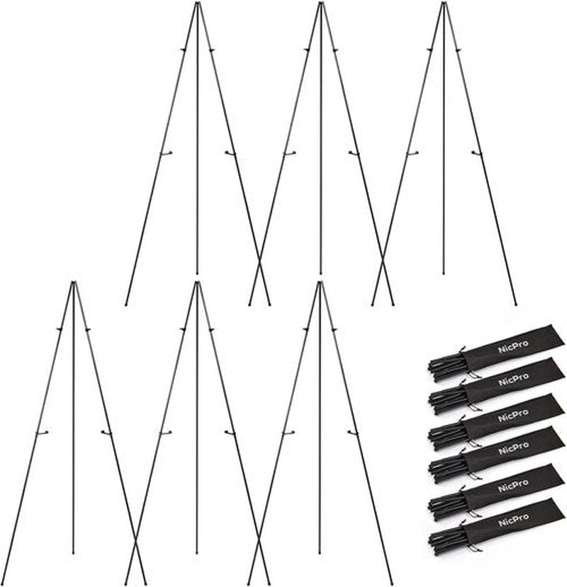 Nicpro Art Folding Easels - 63-Inch Metal Floor Tripod Stands for Display | 6-Pack with Carry Bag