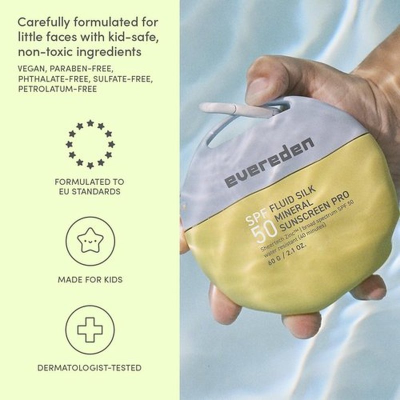 Evereden SPF50 Fluid Silk Mineral Kids Sunscreen: Clean Cooling Non-Nano UVA, UVB, & IR Protection for Sensitive Skin - Sheer, Lightweight, & Waterproof for Up to 40 Mins - Beach Day Toddler Sunscreen