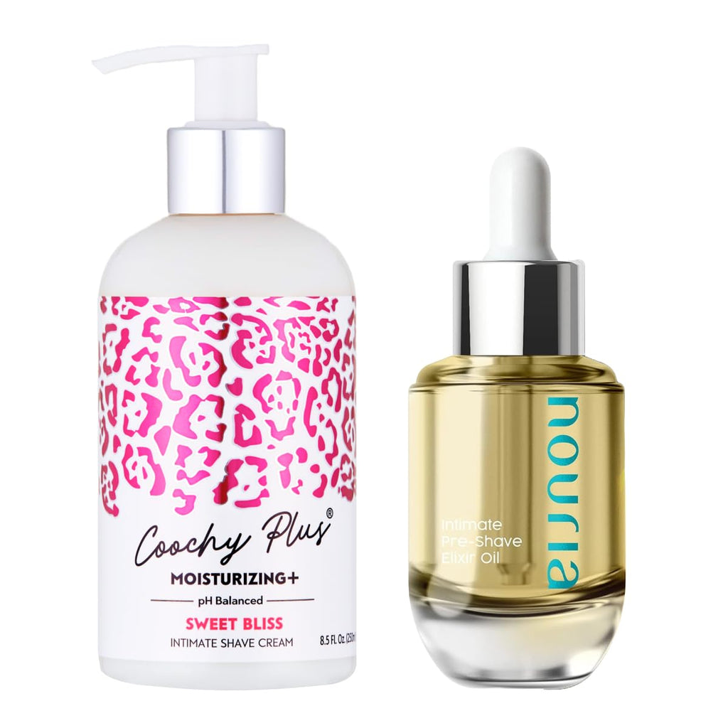 IntiMD Coochy Plus Intimate Shave Cream Sweet Bliss + Pre-Shave Elixir Moisturizer Oil Kit - HydroLock &Moisturizing PLUS Continuous Hydration Reliefs Razor Burn Bump Ingrown Hair