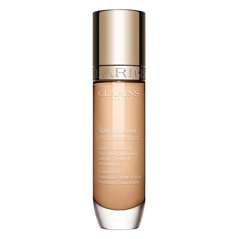 Clarins Skin Illusion Longwear Full Coverage Foundation|Luminous Matte Finish|24H Hold and 24H Hydration|Natural Looking|Transfer, Sweat and Smudge Proof| Contains Hyaluronic Acid|1 Fl Oz, 105N