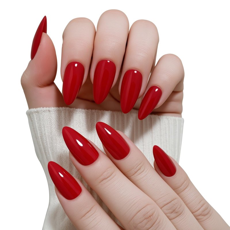 Yersunsy 24Pcs Press on Nails for Women Girl, Solid Color Medium Almond Fake Nails Glossy Artificial Fingernail, Reusable with Adhesive Tabs for Gift Parties Festival Makeovers (Red)