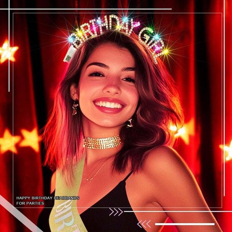 Aceorna Light Up Birthday Girl Headband Gold Rhinestone Crown and Sash Led Birthday Accessories Sets for Women (Gold, One Size)