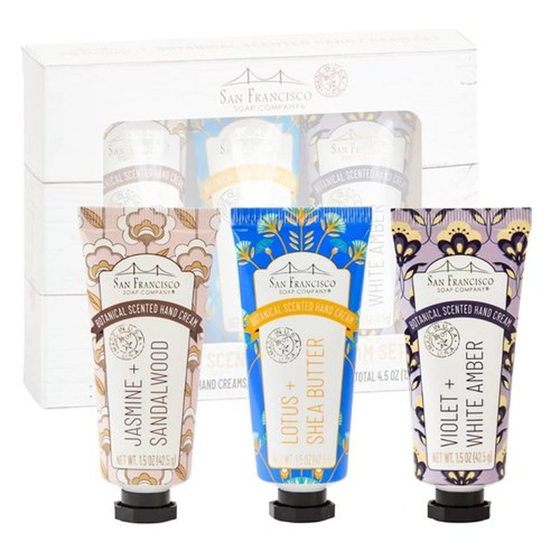 San Francisco Soap Company Botanical Hand Cream 3 Piece Set | Jasmine & Sandalwood, Lotus & Shea Butter, Violet & White Amber | Made in USA |