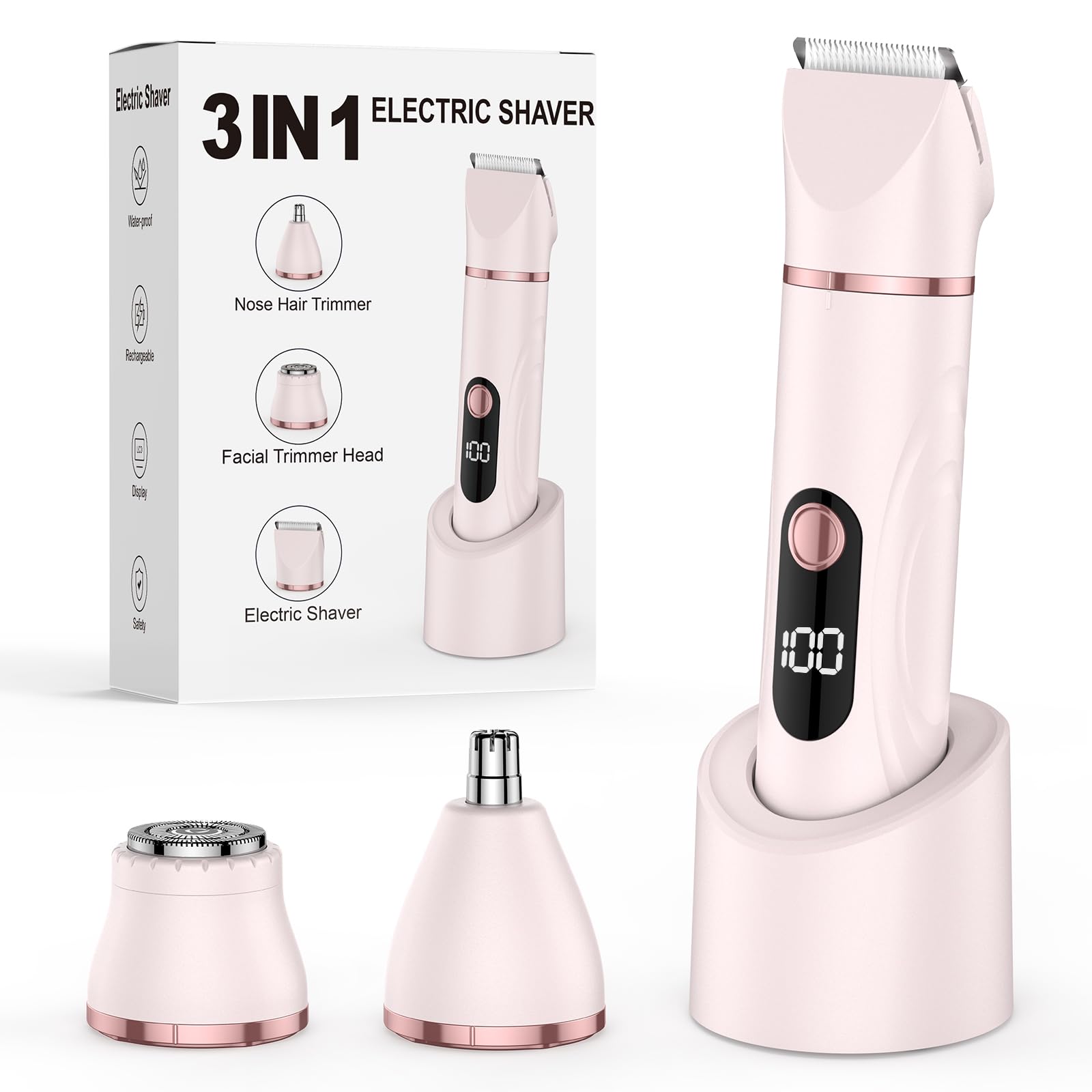 Bikini Trimmer for Women 3 in 1 Electric Shaver Razors Nose Hair Trimmer Waterproof Pubic Hair for Underarm Leg Arm Body (Pink)