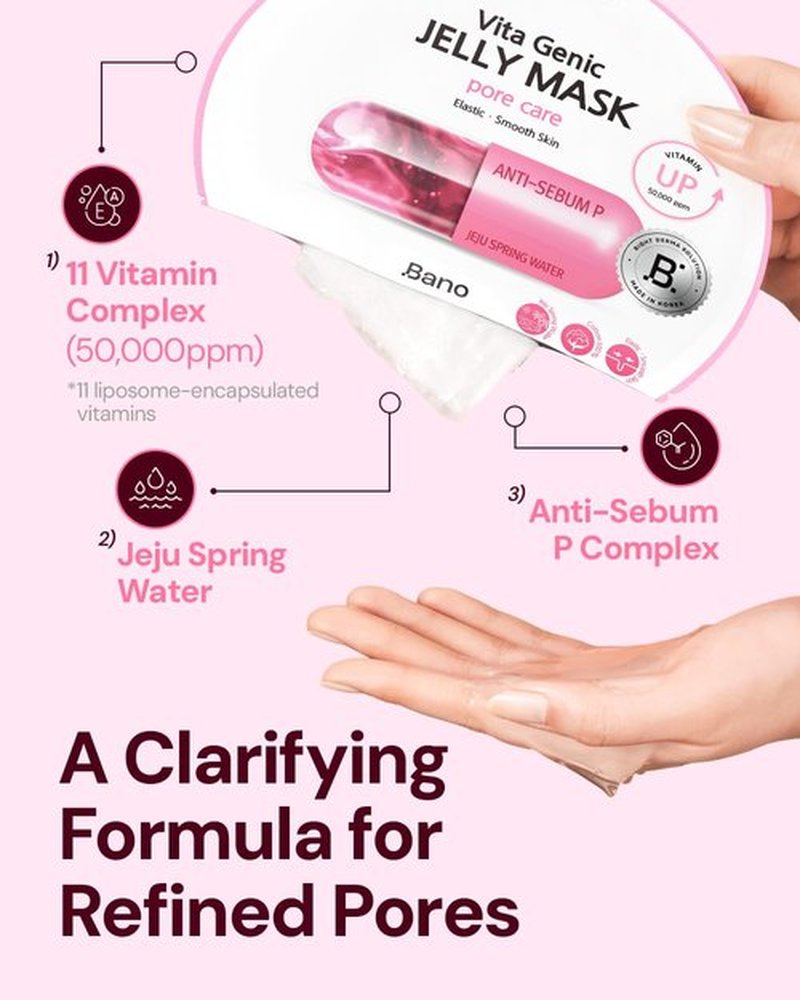 Bano Vita Genic Jelly Face Pore Care Mask 10EA – Hydrating Sheet Mask for Sensitive Skin, Korean Glass Skin Care with Spring Water, Vitamin C and Niacinamide, Sebum Control, Fragrance-Free