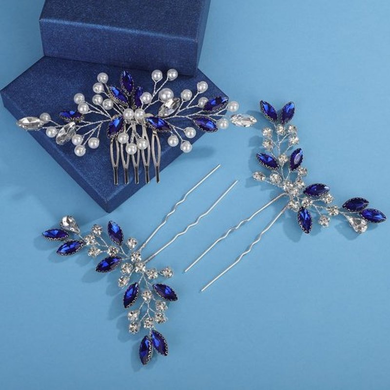 Missgrace Bride Blue Wedding Hair Side Comb with Hair Pins Pearls Women Hair Comb Rhinestone Crystal Headpiece Dainty Bridal Hair Accessories for Women