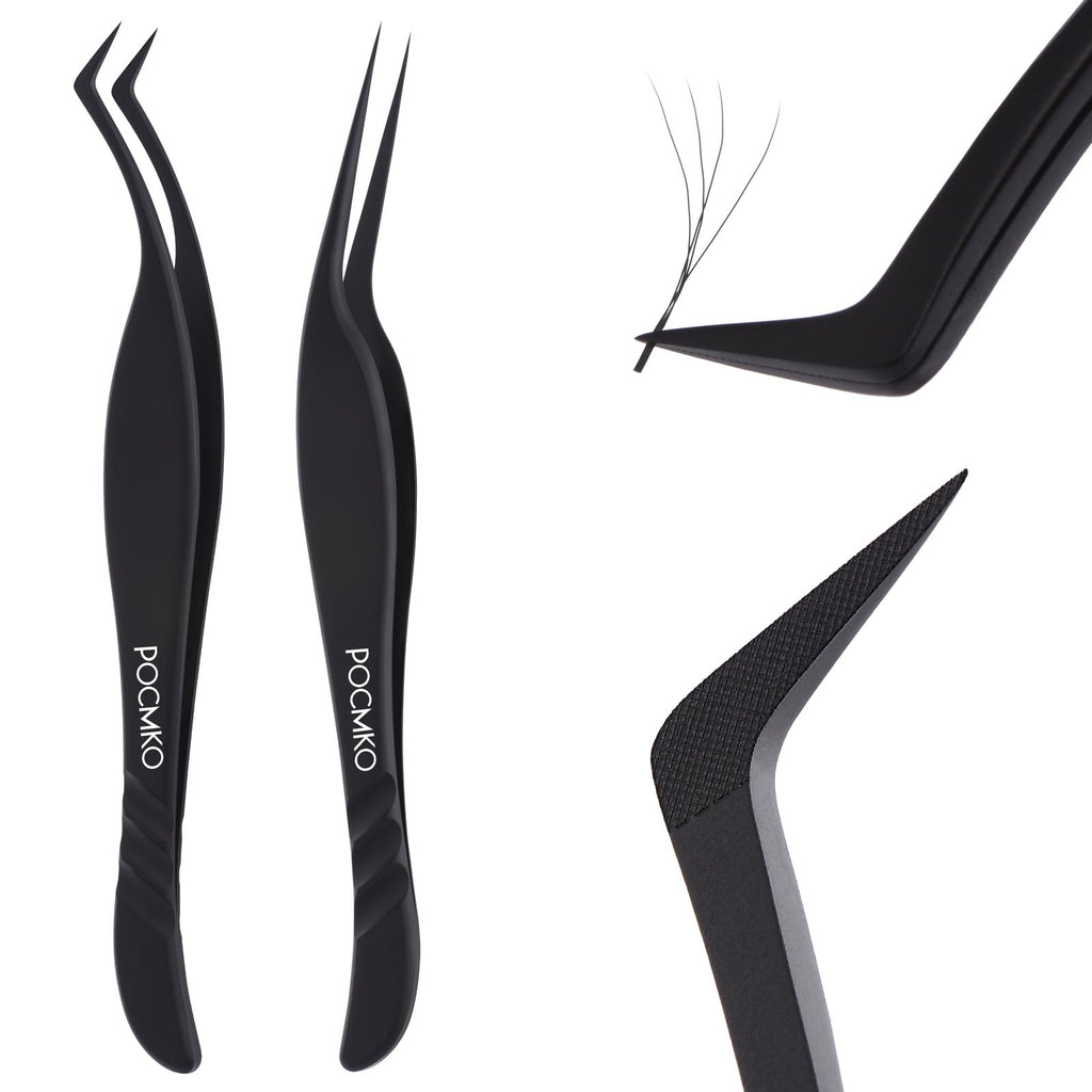Lash Extension Tweezers, Professional Fiber Tip Lash Tweezer Set for Classic & Volume Lashes, High Precision Eyelash Tweezers Kit– Black Set of 2, Ideal for Lashes Artists