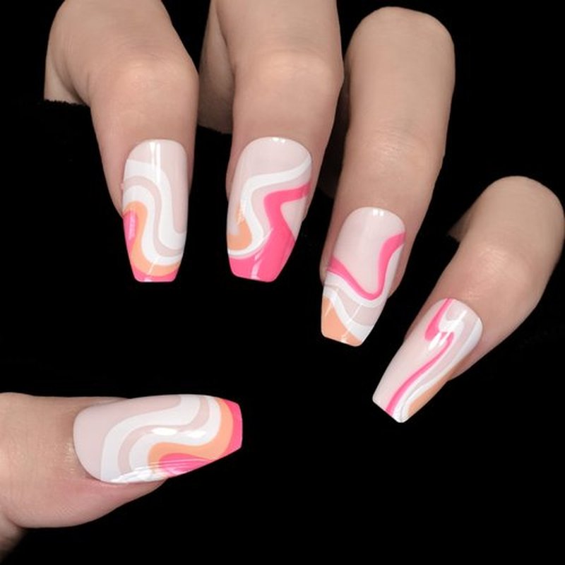 Pink Orange White Swirls, Medium Coffin Fake Nails, Glossy Design Nails Art Acrylic Full Cover Fake Nails, Women Girls Gift False Nails, Nails Stickers, Daily Date Festival Faux Ongles 24 pcs/kit