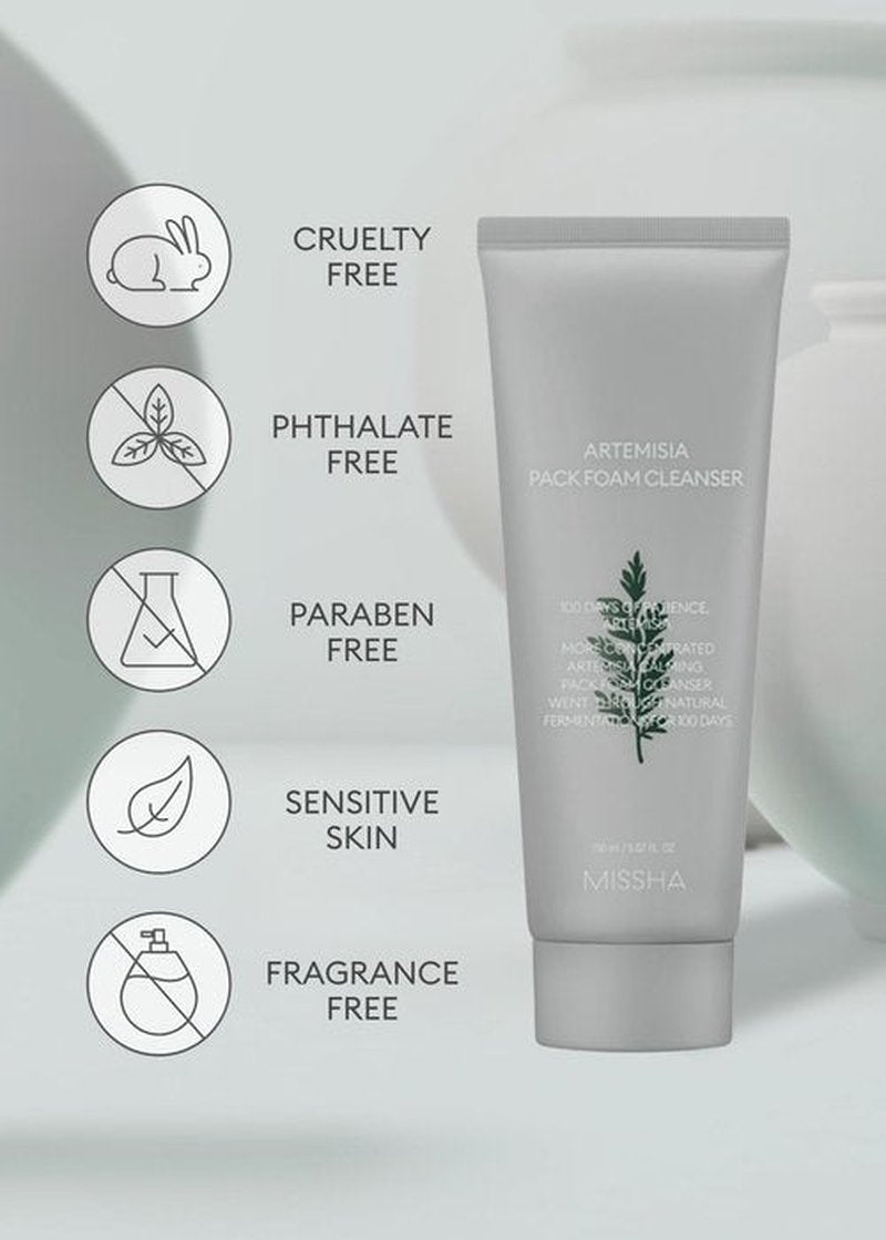MISSHA Artemisia Pack Foam Cleanser 5.07 Fl oz/ 150ml, 2-in-1 Korean Facial Cleanser & Clay Mask with Double-Fermented Mugwort Extract, Soothes Sensitive Skin