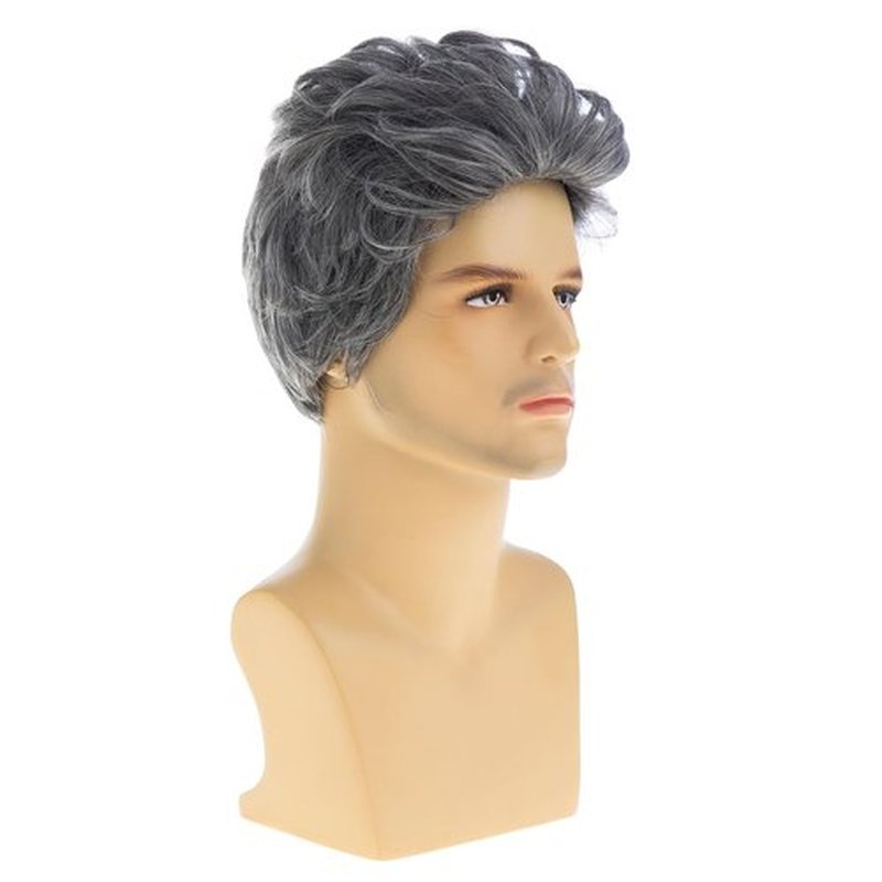 Baruisi Mens Grey Wig Short Wavy Layered Synthetic Hair Halloween Cosplay Wigs for Male