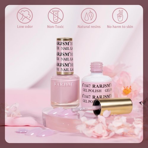RARJSM Pastel Pink Gel Nail Polish 2pcs Set,Gel and Lacquer Combo,Purle Pink Air Dry Nail Lacquer and Nude Pastel Pink Gel Polish LED UV Curing Requires French Manicure DIY Nail Art Home Salon 15ml